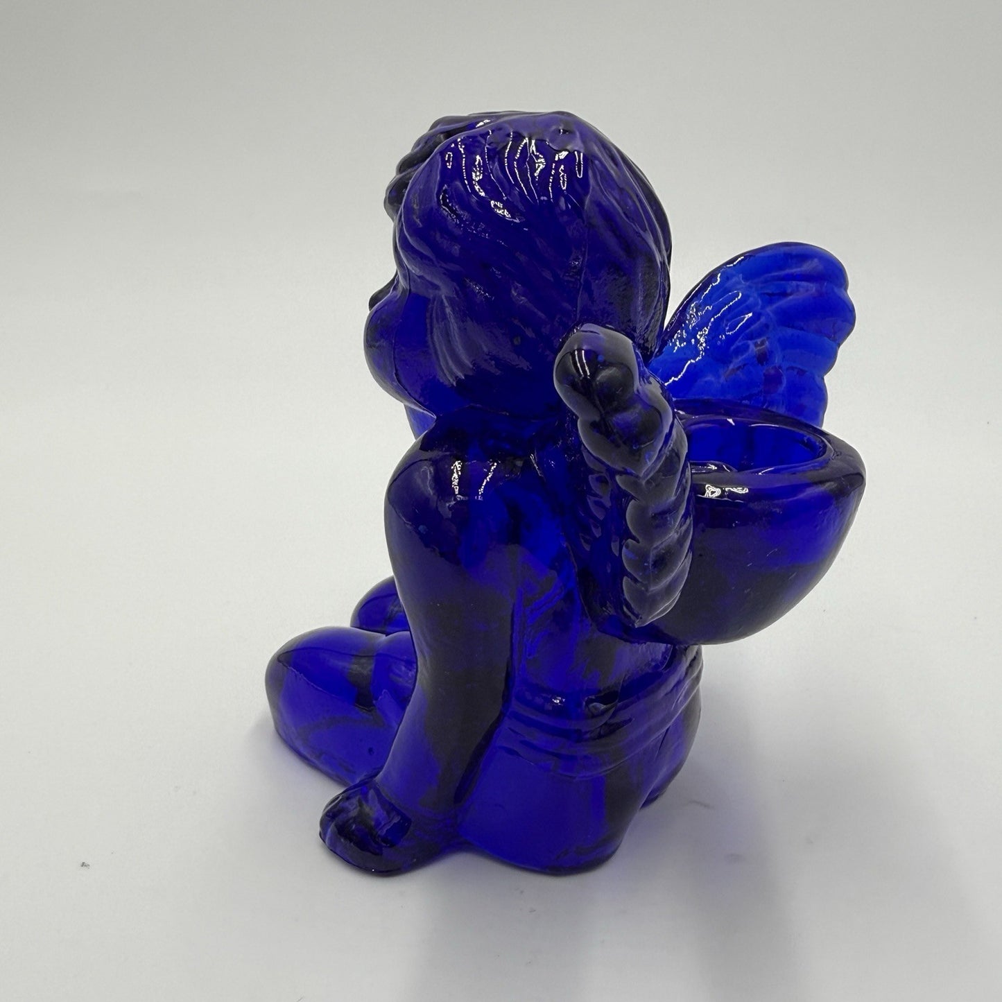 Vintage Art Glass Cherub Blue Cobalt Sitting Angel Candle Holder 5”