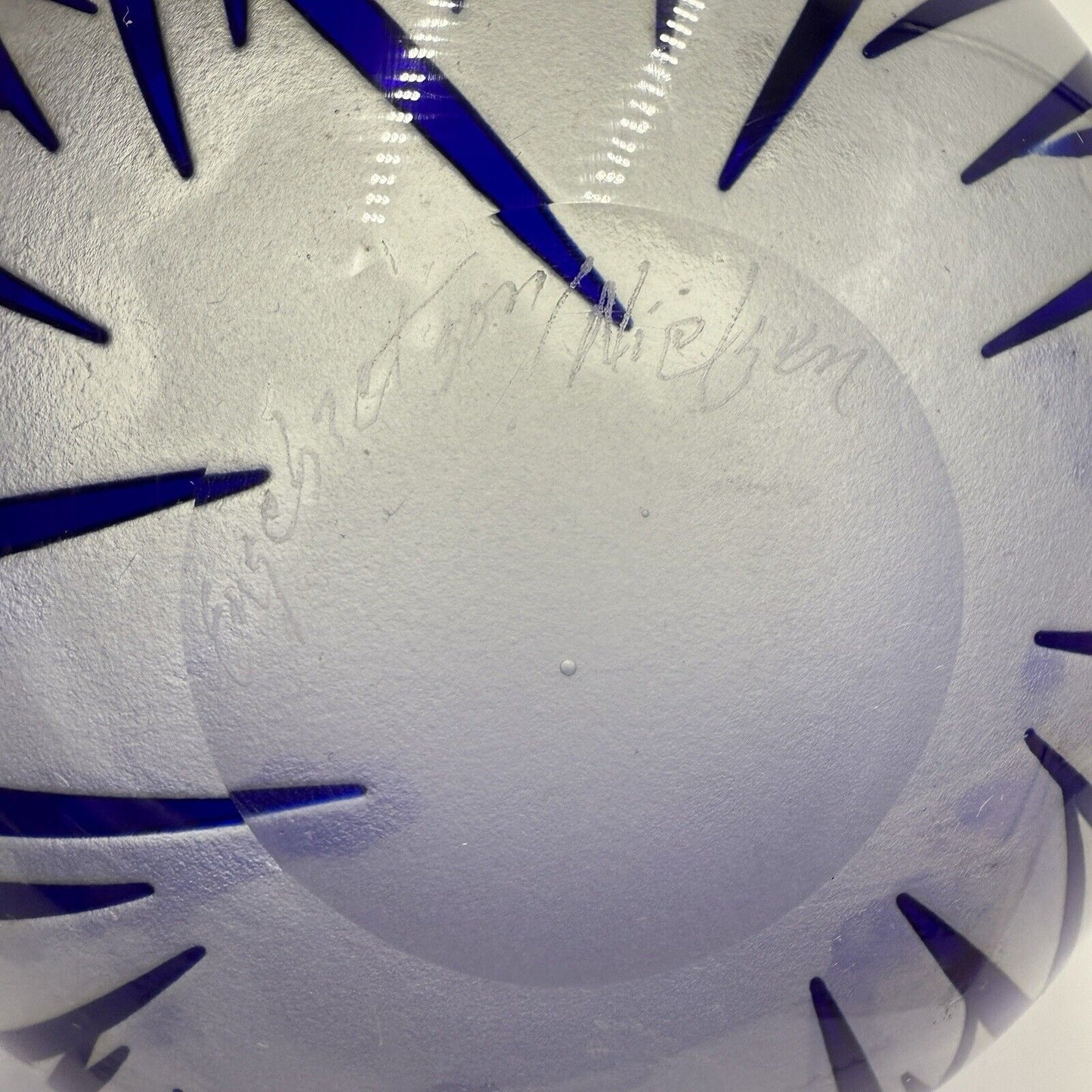 Engebretson Nielsen Art Glass Bowl Cobalt Interior Cut To Clear Signed 5”x6.5”