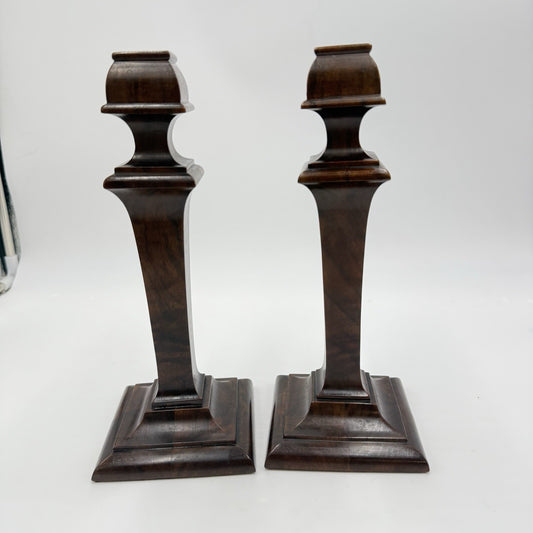 Early 20th Century Walnut Veneer Wood Pedestal Candlesticks Pair Red Velvet 10in