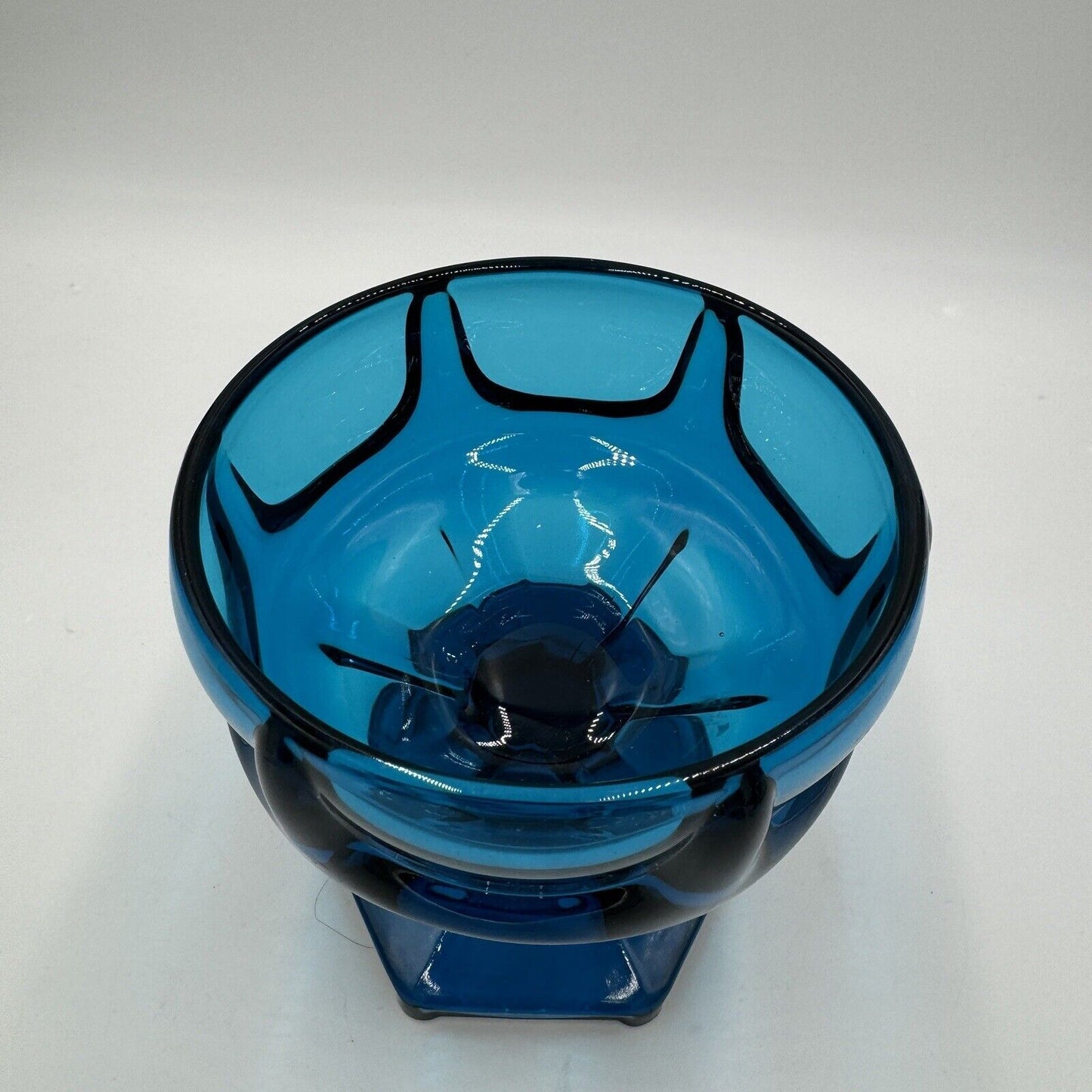 MCM Viking Candy Dish Blue Art Glass 1960s Bluenique Pedestal 6in Beautiful