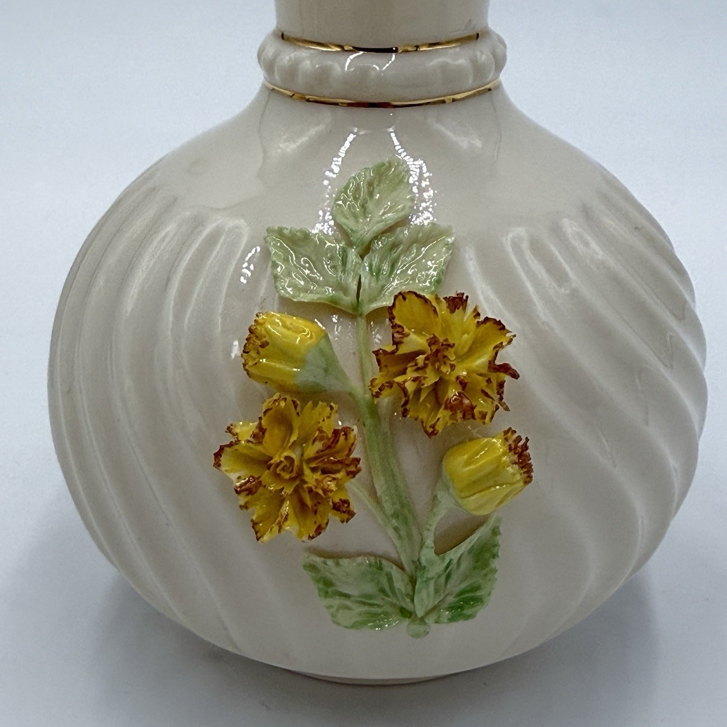 Belleek Ireland Vase Off White Applied Yellow Floral Vintage 7in Tall Porcelain