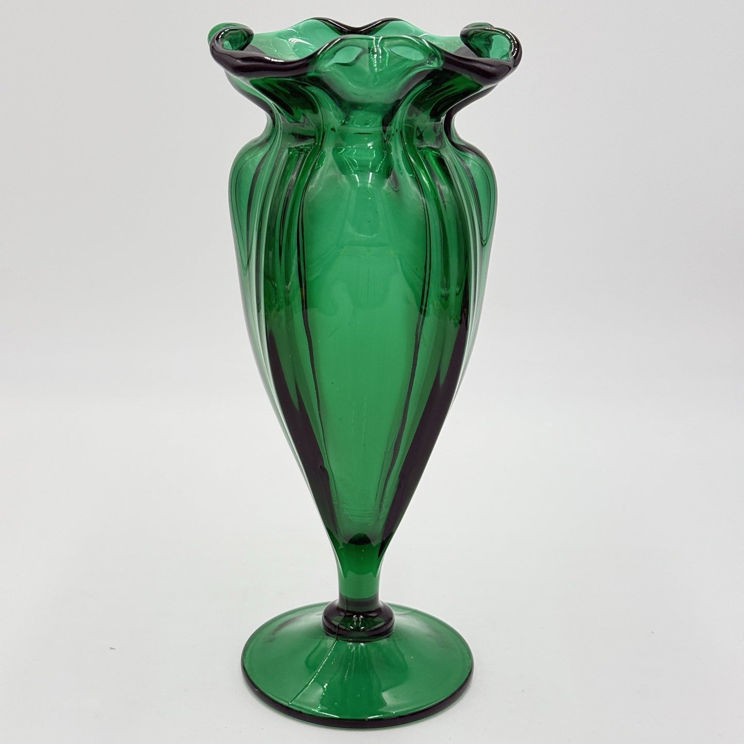 MCM Wayne Husted Stelvia emerald green art glass ruffled compote Vase 9.5”