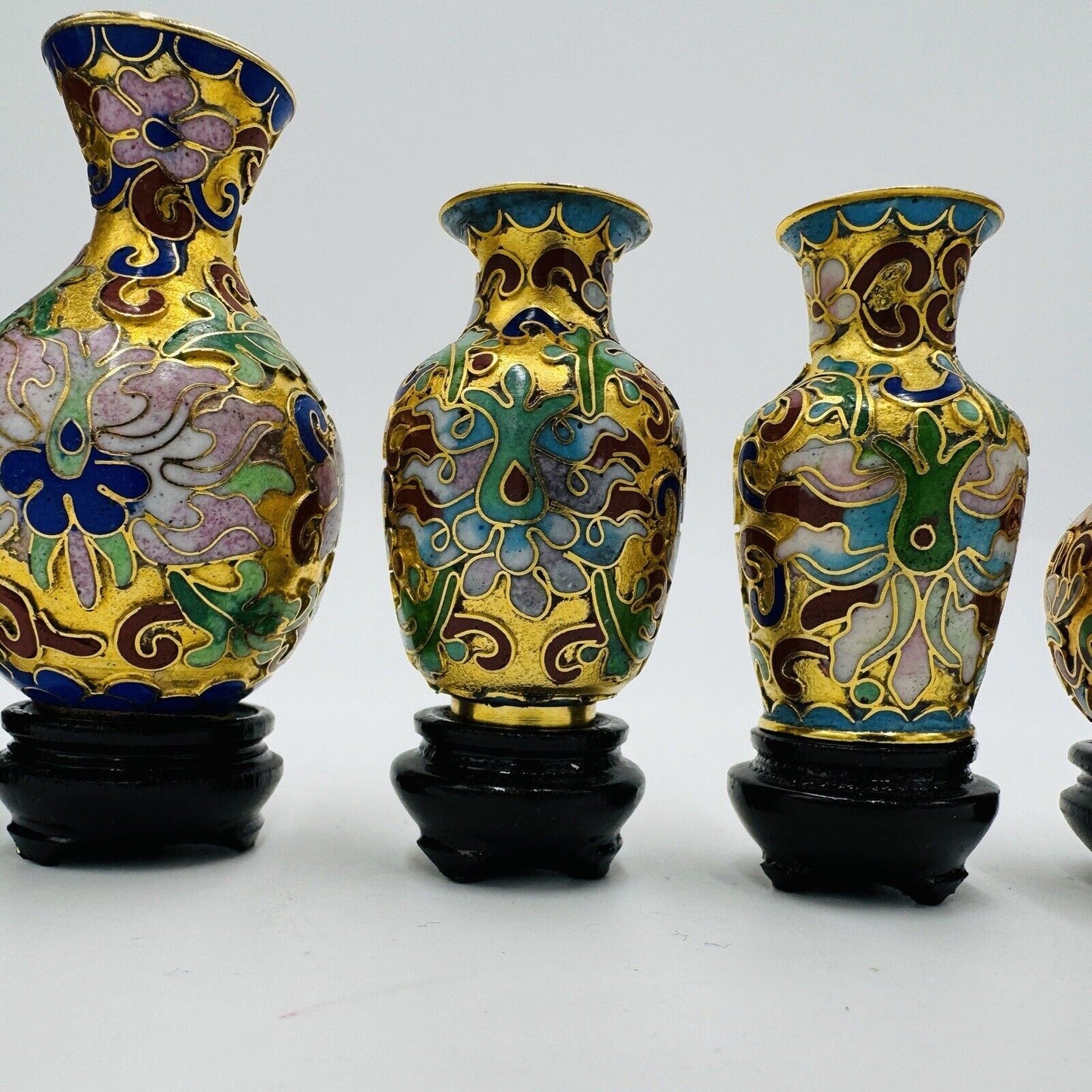 Vintage Cloisonné Enamel Mini Vases Set 6 Pieces Floral