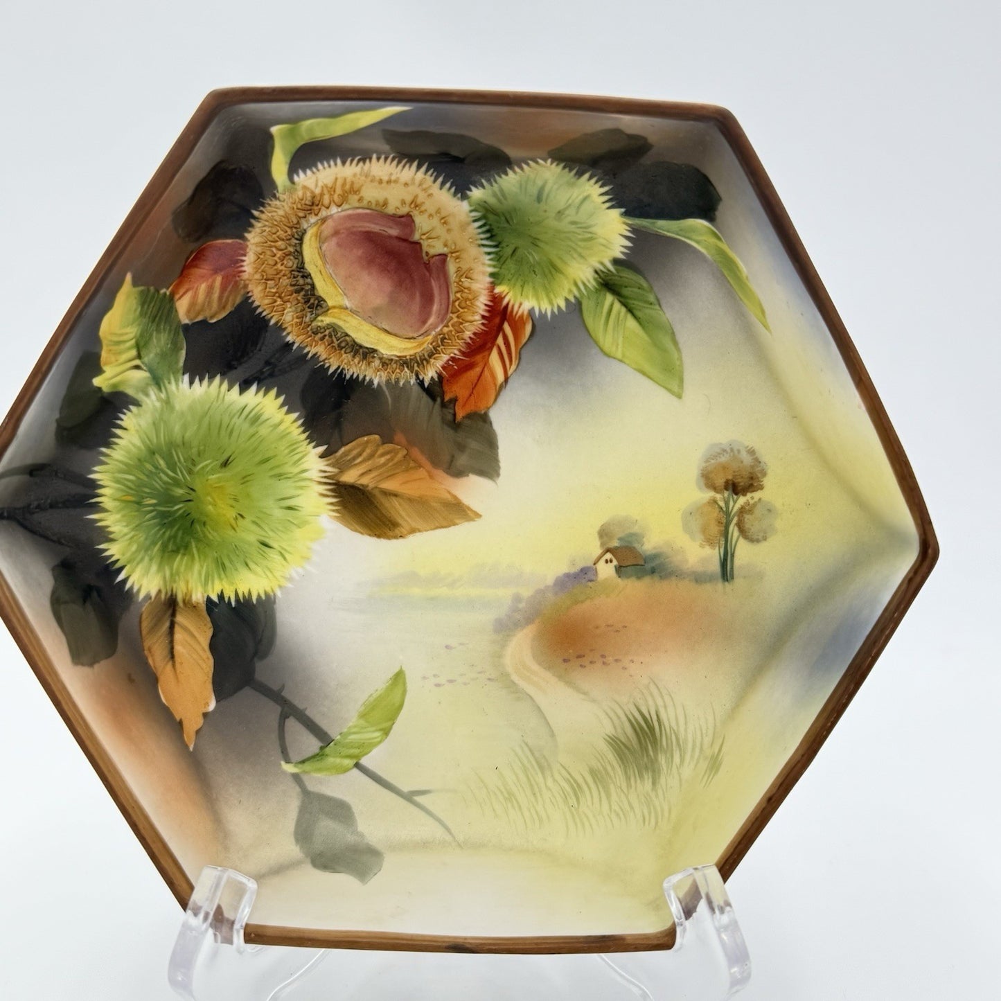 Antique Nippon Morimura Hand Painted Chestnuts Bowl Circa 1911-1922 Hexagonal