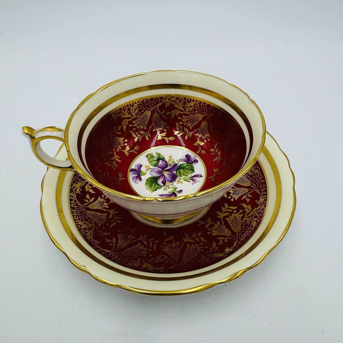Rare Paragon Red Gold Lace Floral England Bone China Tea Cup Saucer Gold