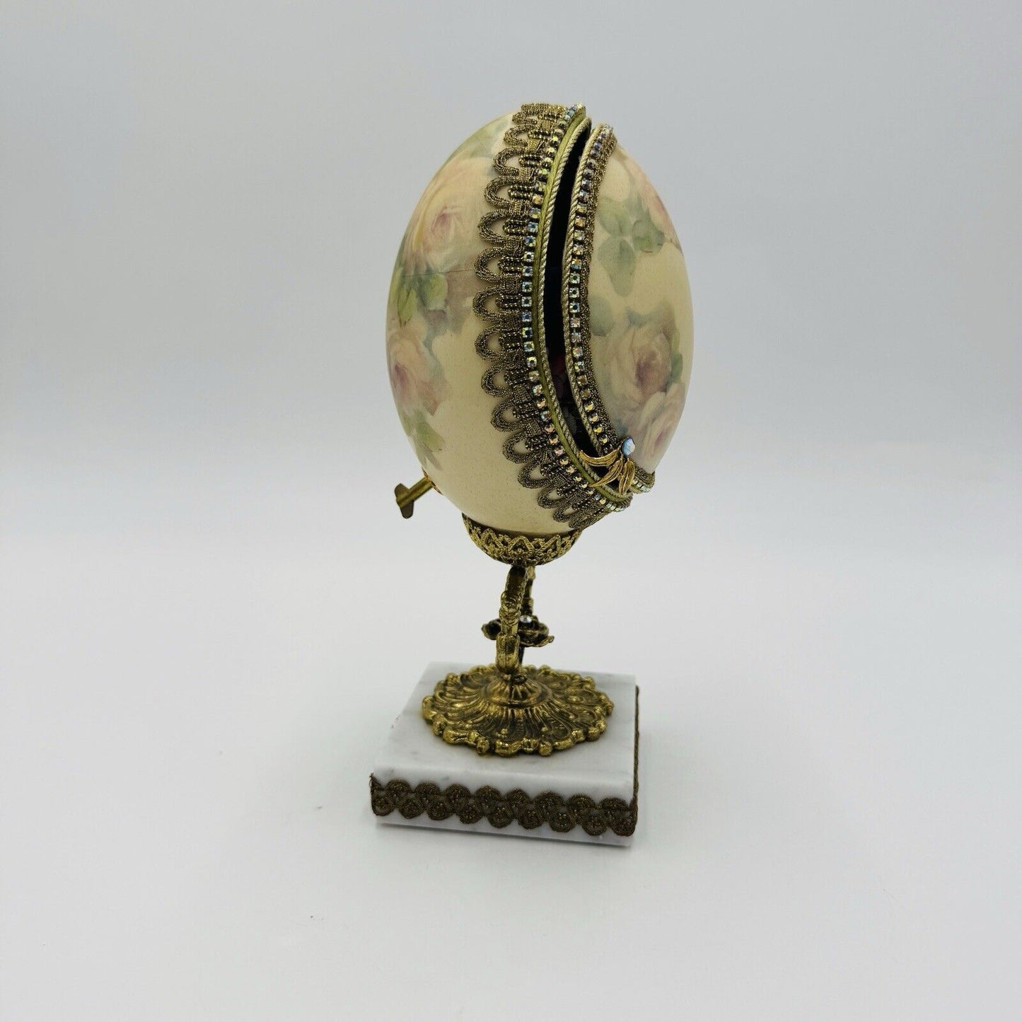Vintage Ostrich Egg Ornate Hand Decorated Brass & Marble Base Green Velvet Lined