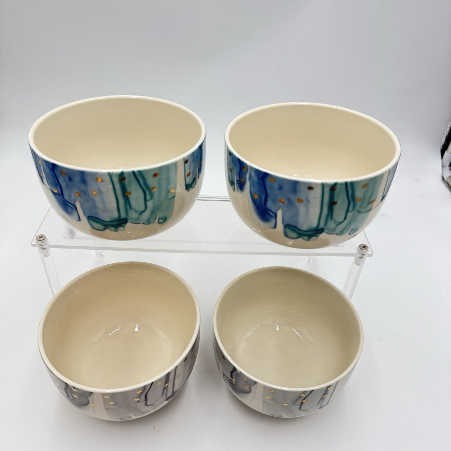 Anthropologie Night Sky Bowl Stoneware Blue Teal Drip Watercolor Gold Star Set 4