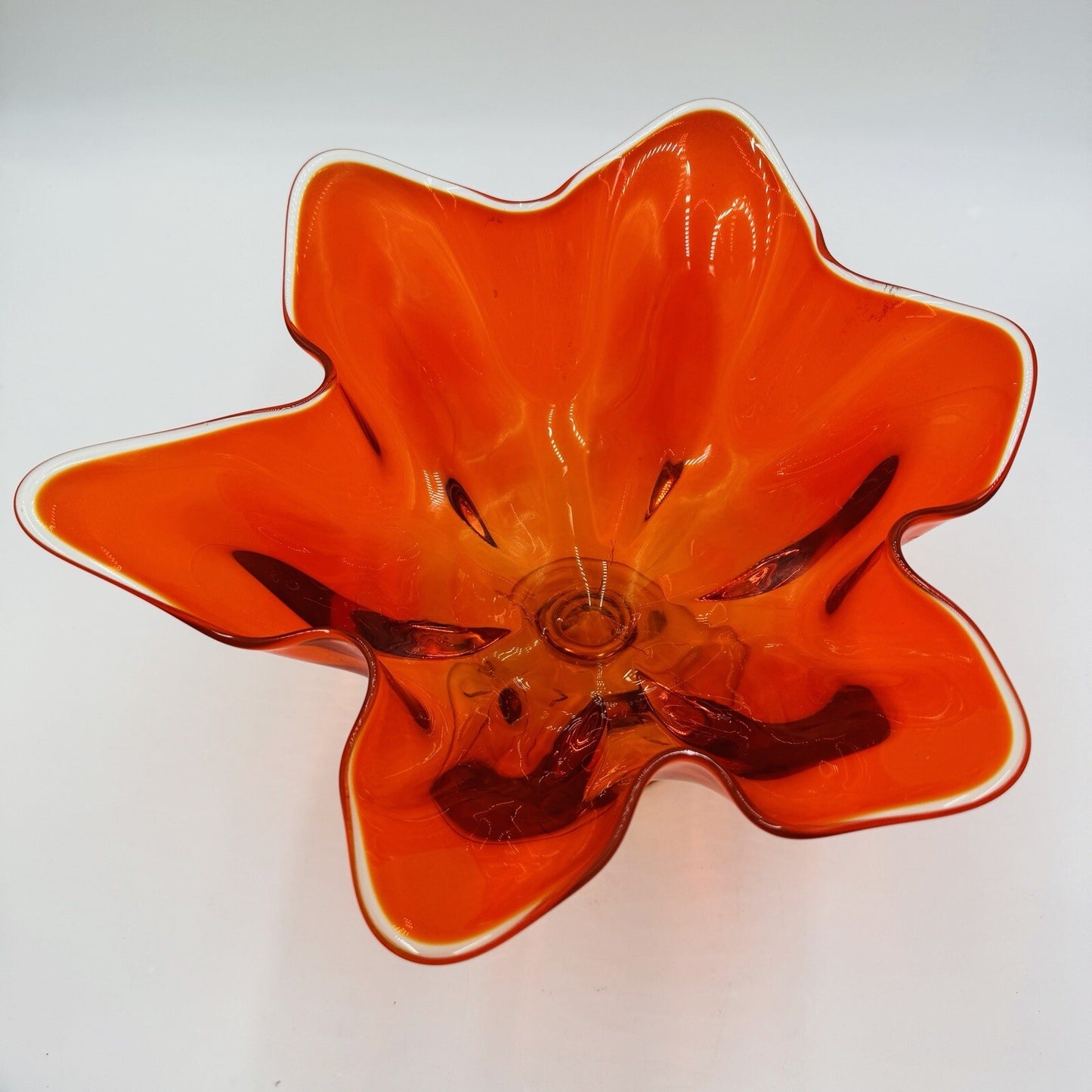 Viking Art Glass MCM Footed Amberina Orange Compote Epic 6 Petals Bowl 7.5”x 11"