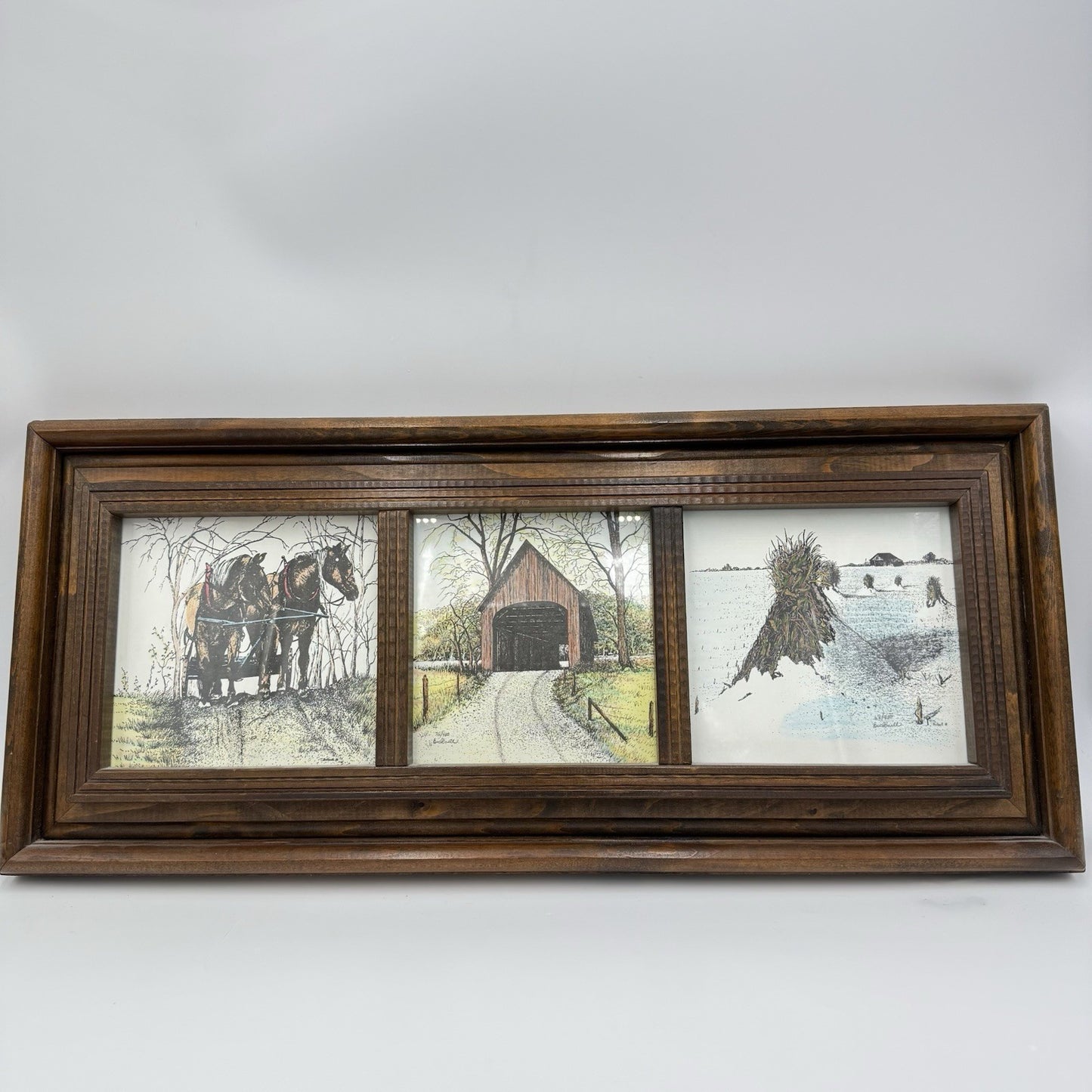 Nancy Bicknell 1984 Ink Watercolor Signed Print 3-1 Country Across Wooden Frame