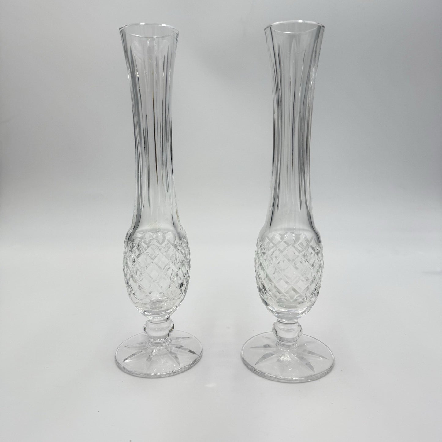 Vintage Waterford Crystal Lismore Alana 9 1/2" Pedestal Footed Bud Vase Pair