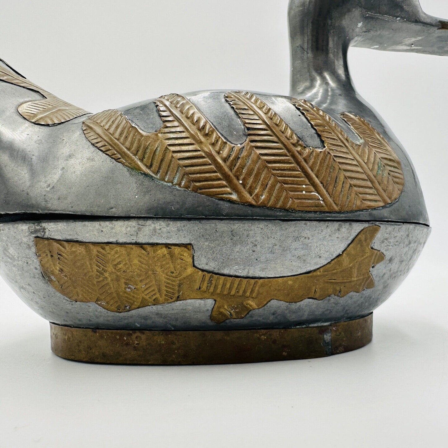 Duck Trinket Jewelry Box Pewter Brass Metal Hand Crafted Vintage 1960s MCM