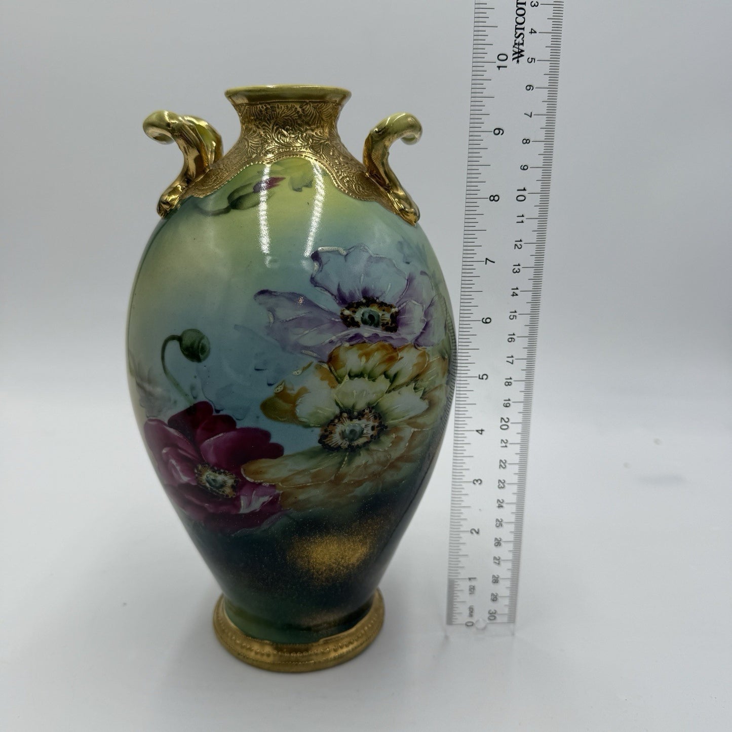 Antique Morimura Bros Nippon Poppy Gold Bead Hand Painted 10” Porcelain Vase Urn