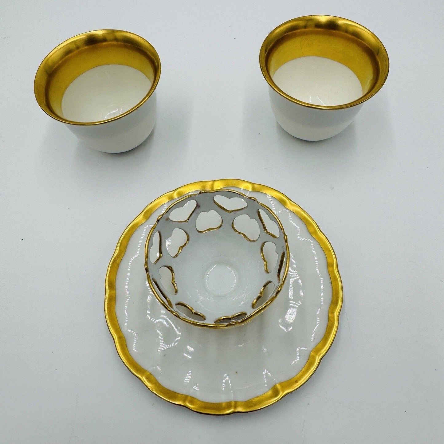 French Porcelain Gold Trim Egg Cups 3 Pieces Unmarked Rare Antique Serveware