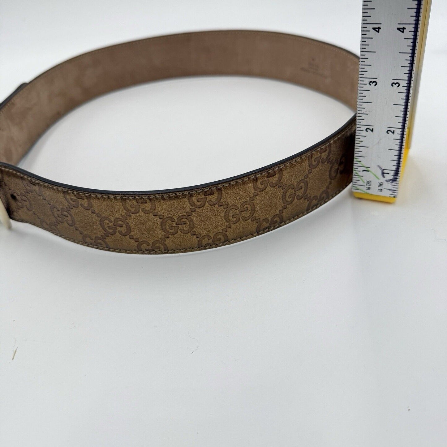 Gucci Bronze Metallic Guccissima Monogram Leather Belt Sz 85/34" Italy Authentic