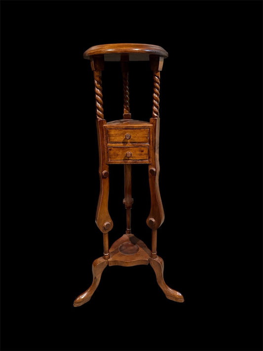 Victorian Mahogany Two Drawer Barley Twist Pedestal Plant Stand Wood Table 34”H