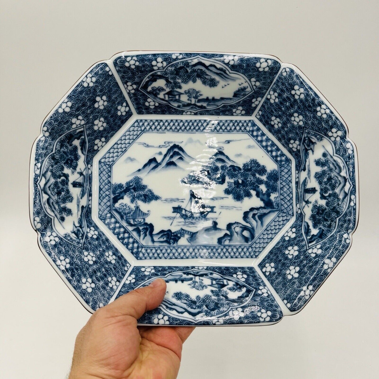 Japanese Serving Platter Victorian Antique Satsuma Dish Blue White