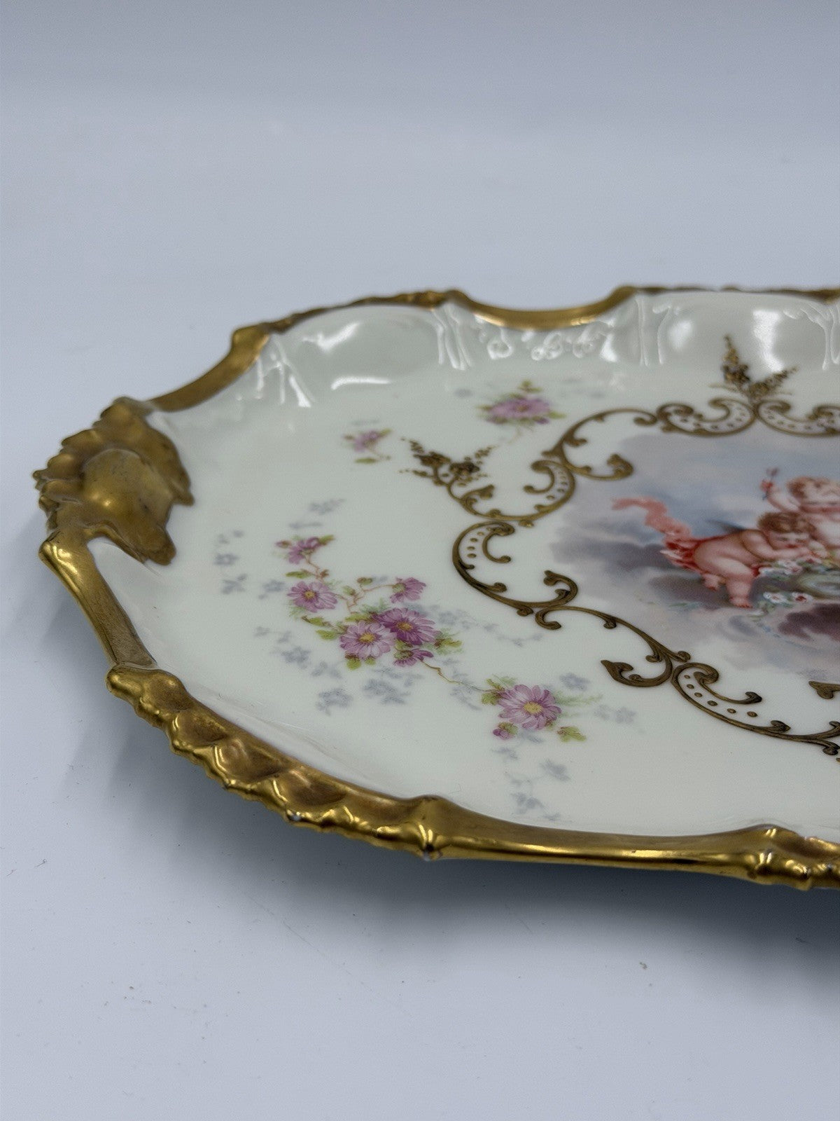 Antique AK Limoges France Cupid Cherubs Gilded Large Rectangle Platter Porcelain