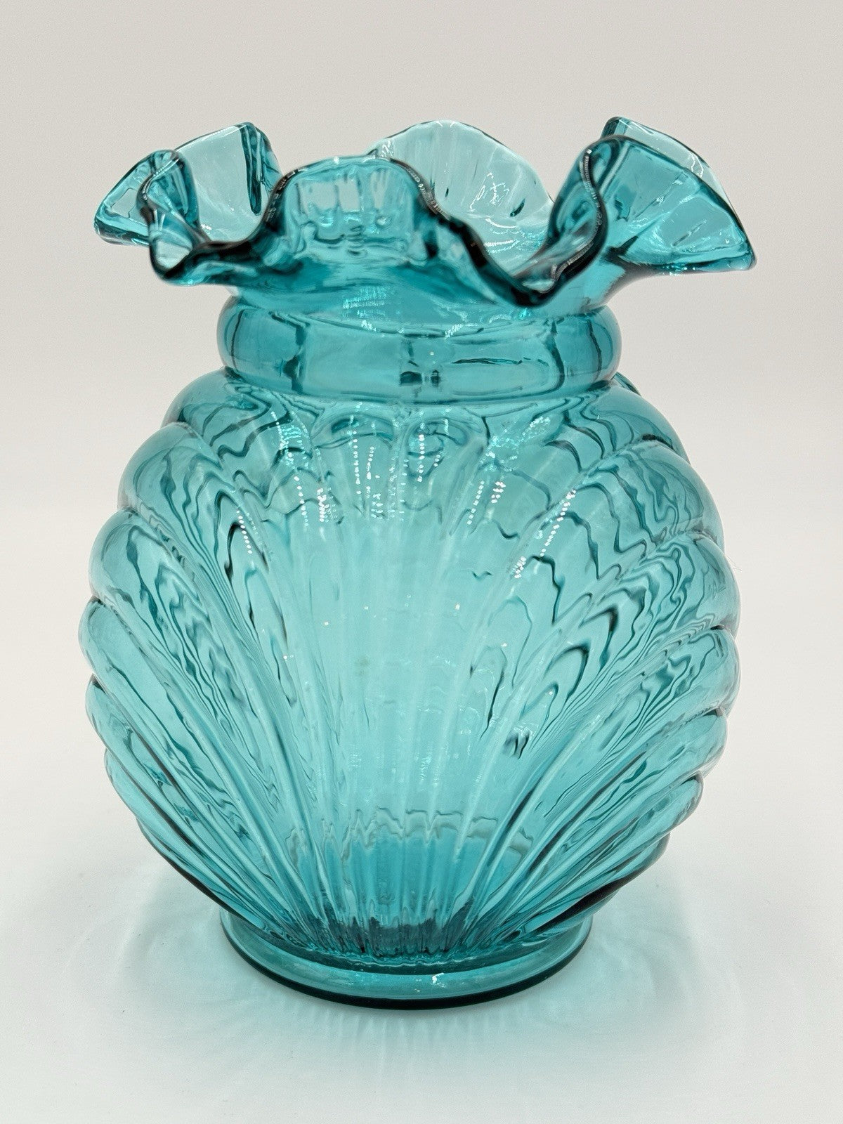 Vtg Fenton Art Glass Turquoise Teal Caprice Swirl w Bow Ruffled Edge Vase 6.5”