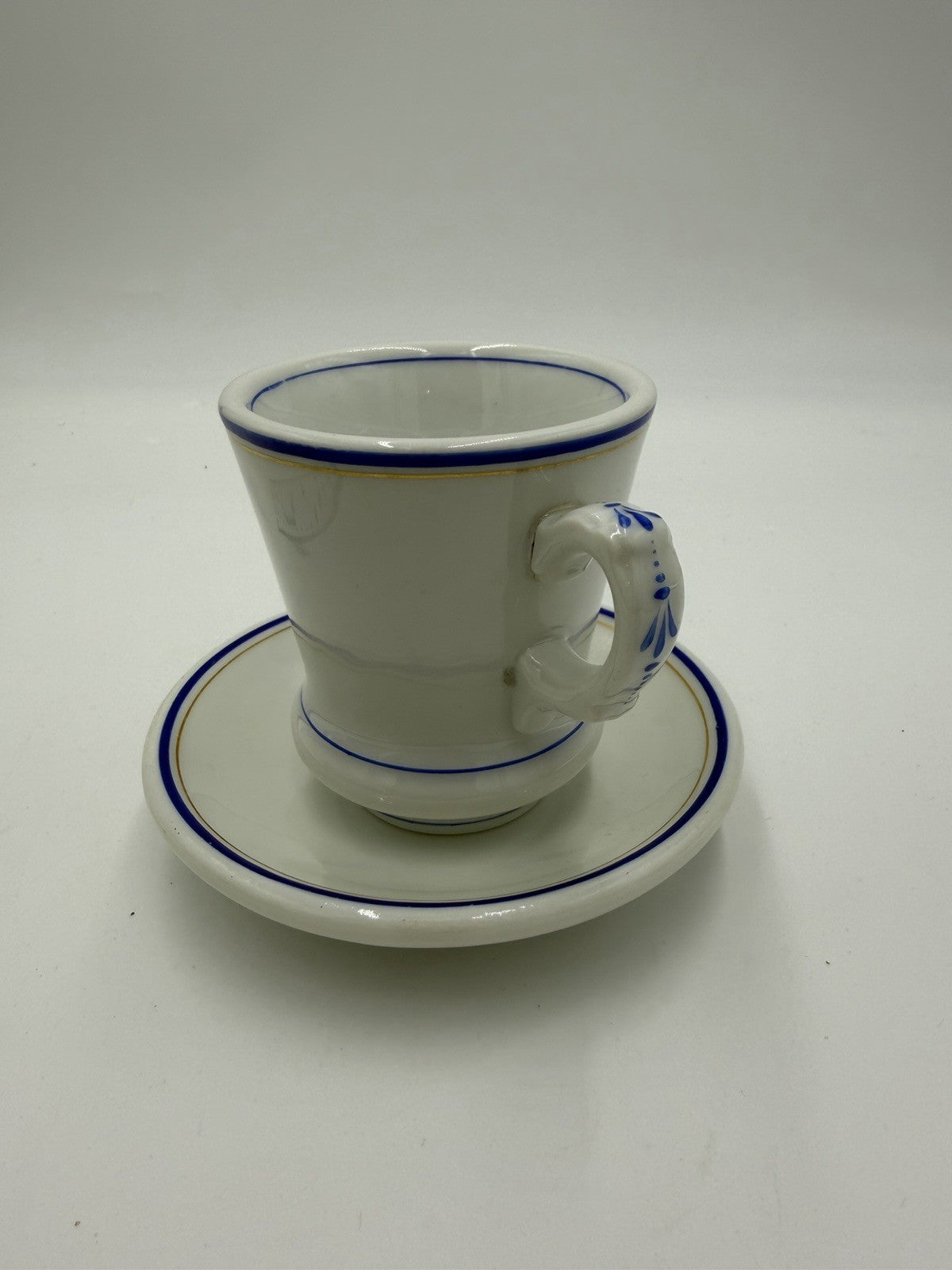 Antique French Brûlot coffee cup and saucer Porcelain White Blue Rim 1920's