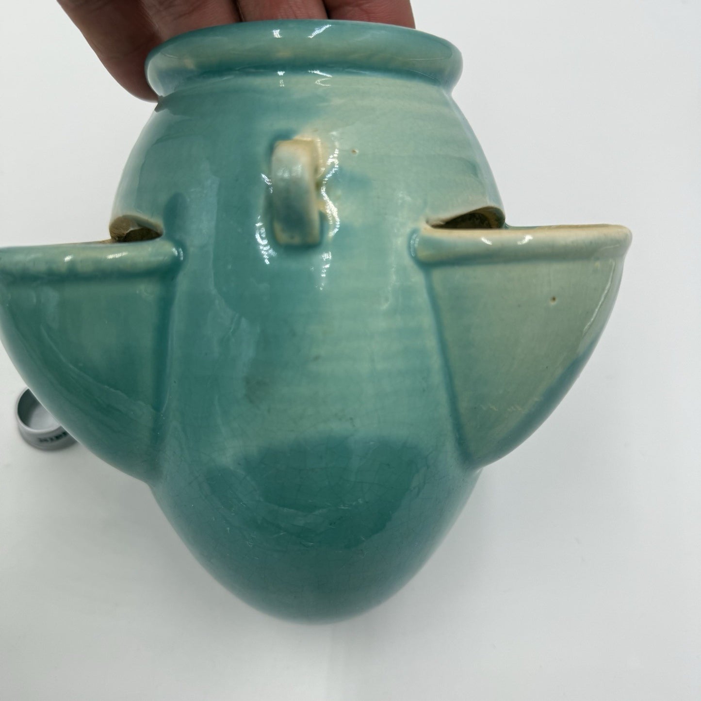 Roseville Art Pottery Ixia Art Deco 1937 hanging pocket planter turquoise 6”rare