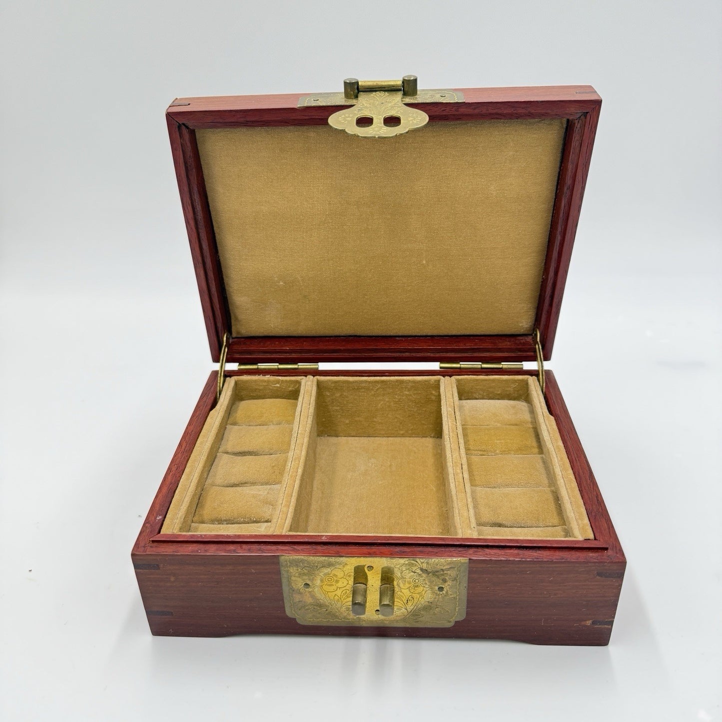 Chinese Classical Rosewood Brass Velvet Art Jewelry Case Trinket Box Wooden Asia