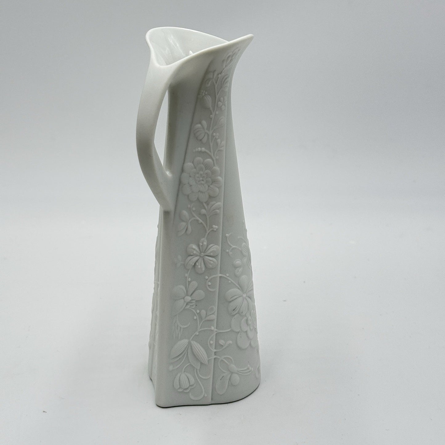 Kaiser Germany White Bisque Vase Embossed Floral Pitcher 8" By M.Fray Porcelain