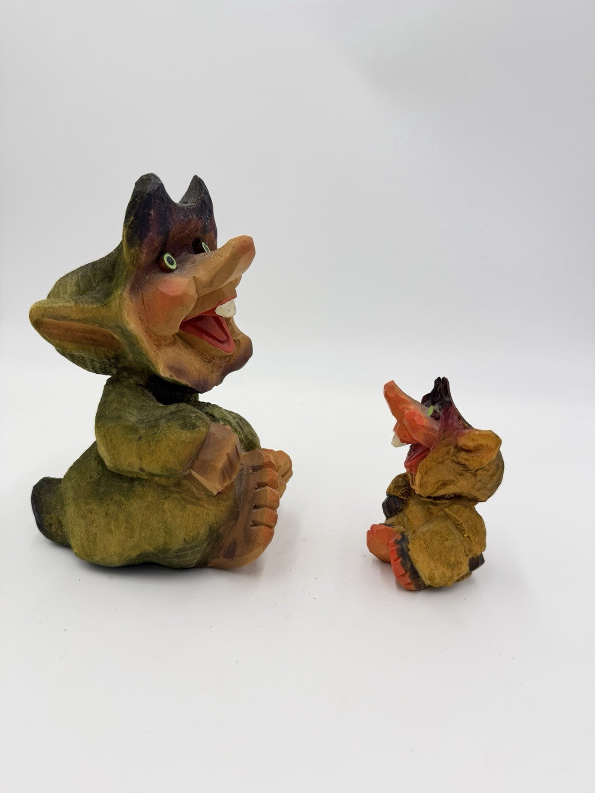 Henning Hand Carved Norwegian Troll Authentic Wooden Folk Art Figurine 6.5” Set