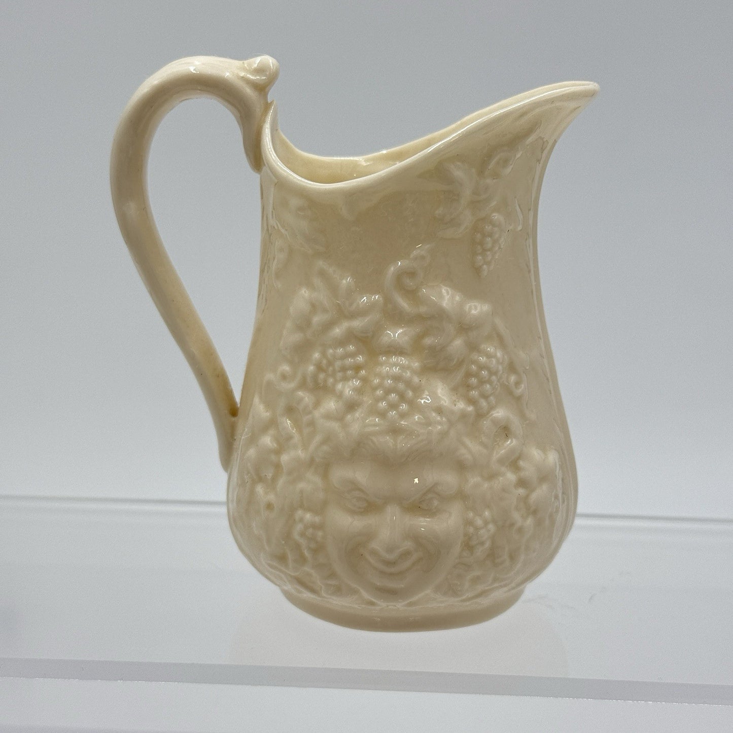 Belleek Irish Porcelain Bacchus Mask Grapes Embossed 4” Pitcher