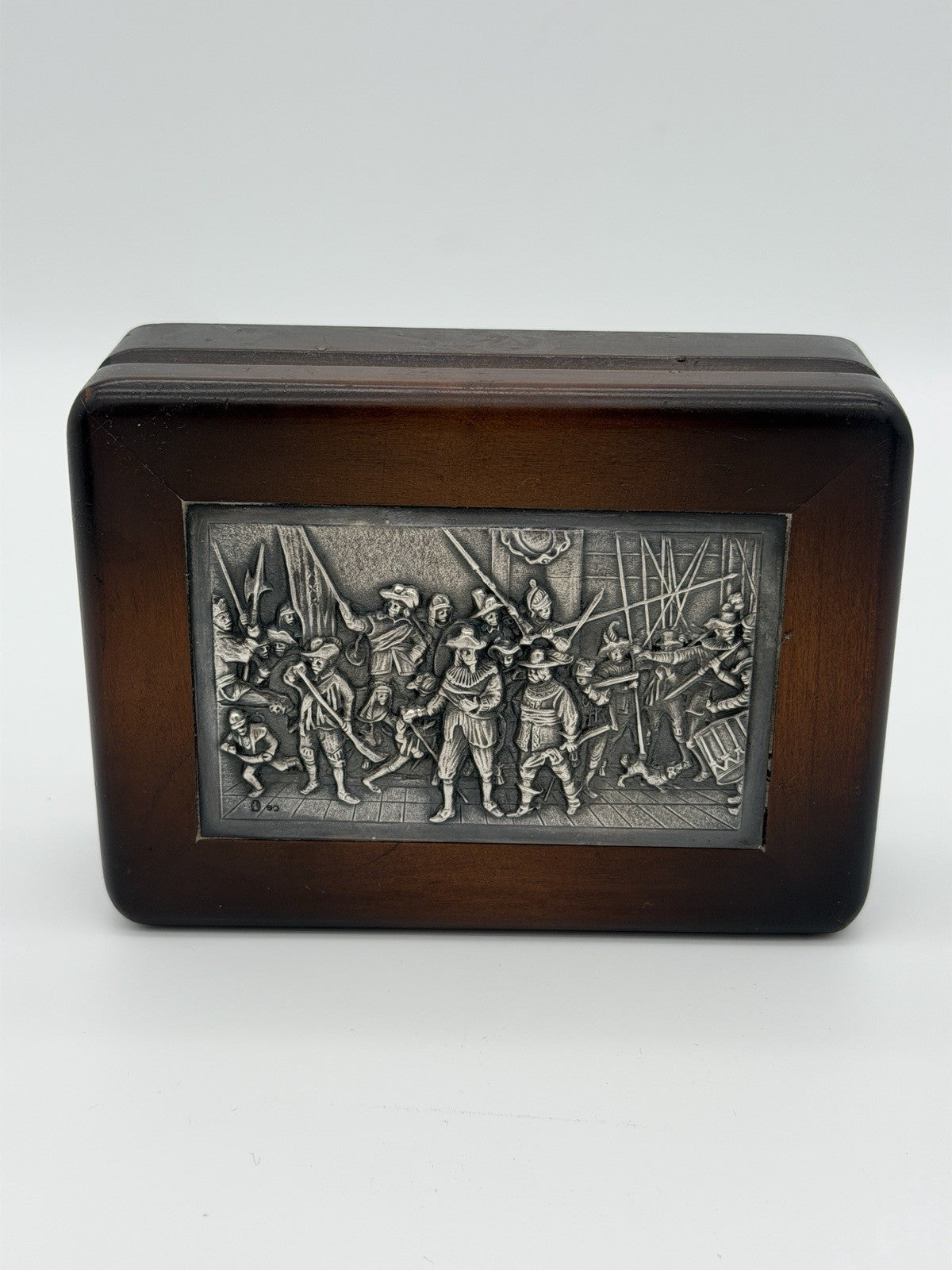 Antique Dutch Silver Mounted Wood Box Keepsake Folk Art Rembrandt’s Night Watch
