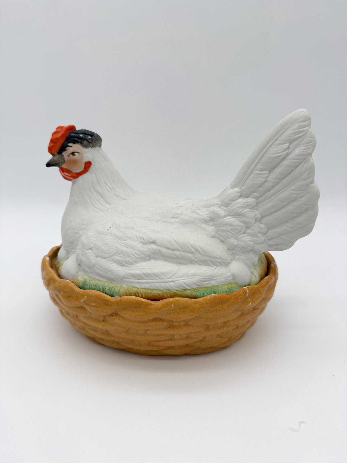 Antique Staffordshire Bisque Porcelain Hen Chicken on Nest Bowl Box Eggs England