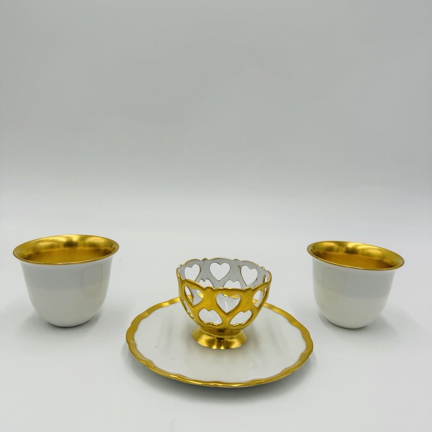 French Porcelain Gold Trim Egg Cups 3 Pieces Unmarked Rare Antique Serveware