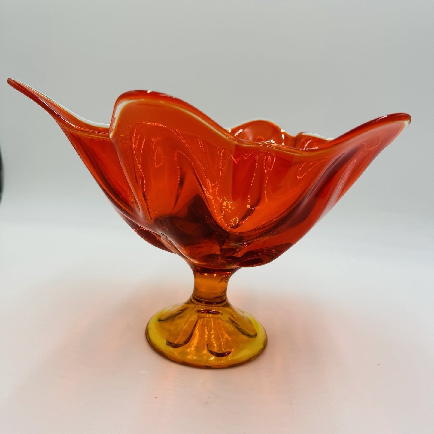 Viking Art Glass MCM Footed Amberina Orange Compote Epic 6 Petals Bowl 7.5”x 11"