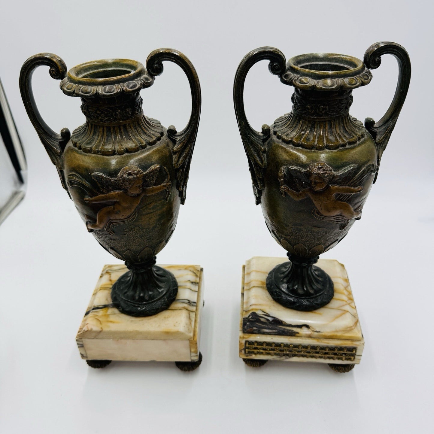 French metal vases rare 1800s Chateau ornate chimney cherubs marble base 13.5in
