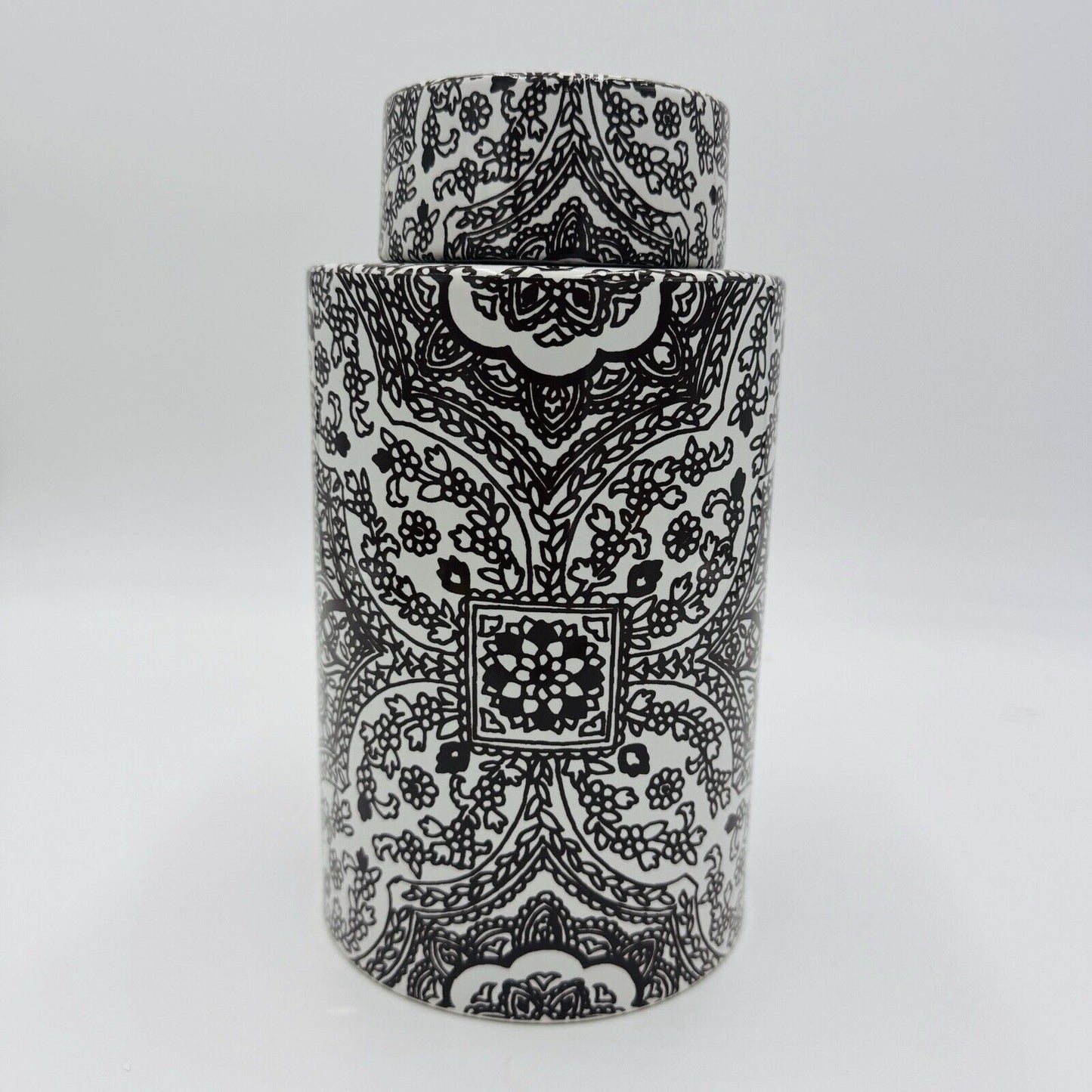 Pottery Barn Ceramic Brown/ White Floral Paisley Decor Canister Ginger Jar 9”