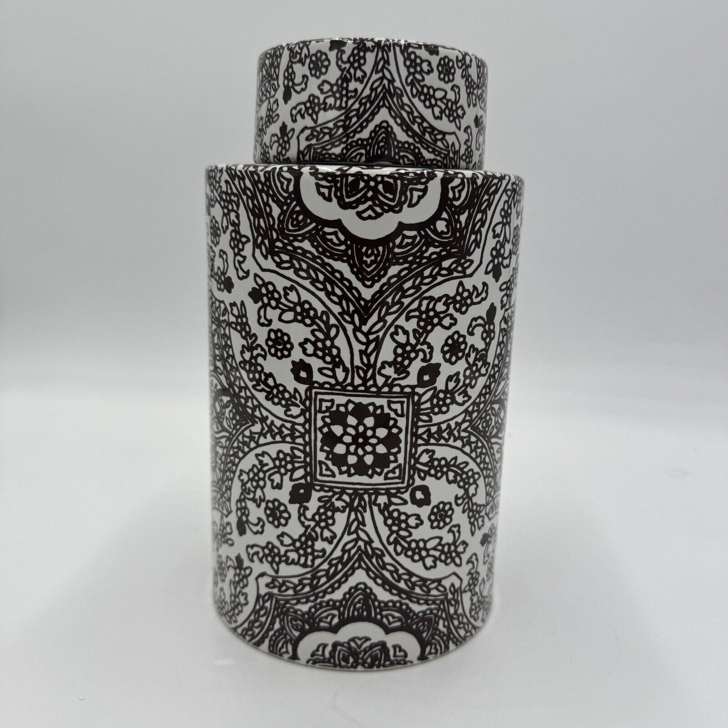 Pottery Barn Ceramic Brown/ White Floral Paisley Decor Canister Ginger Jar 9”