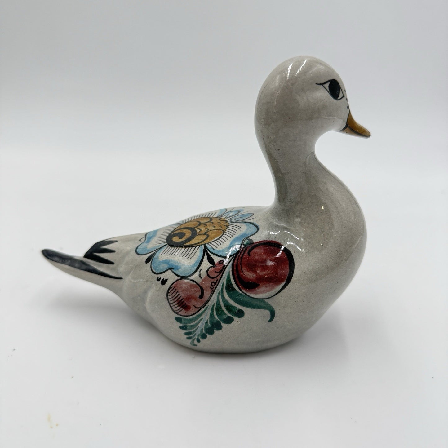Noe Suro Mexican Folk Art Pottery Clay Floral Painted Duck Vintage Figurine