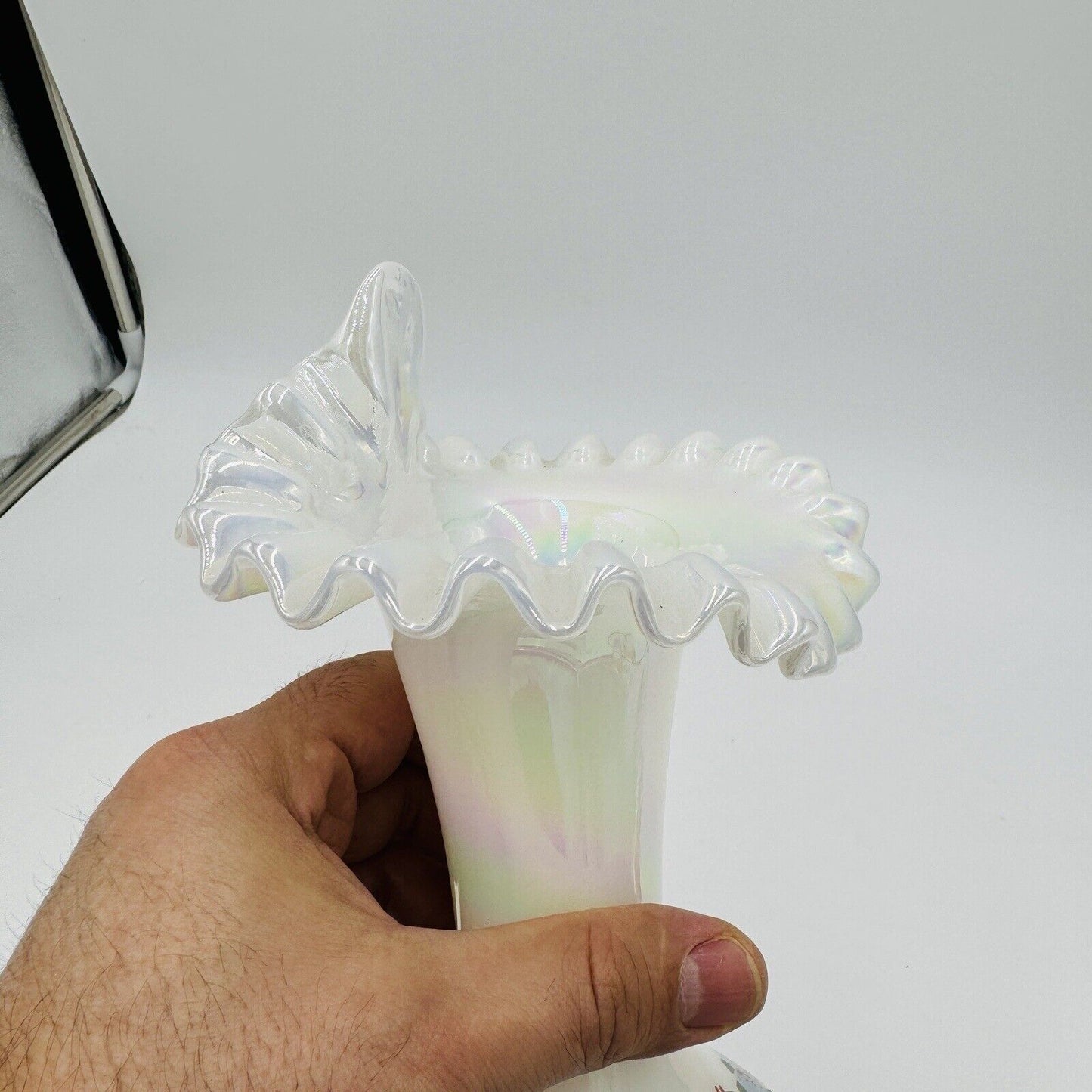 Fenton Art Glass Floral Iridescent Jack In The Pulpit Vase Handpainted Signed 9"