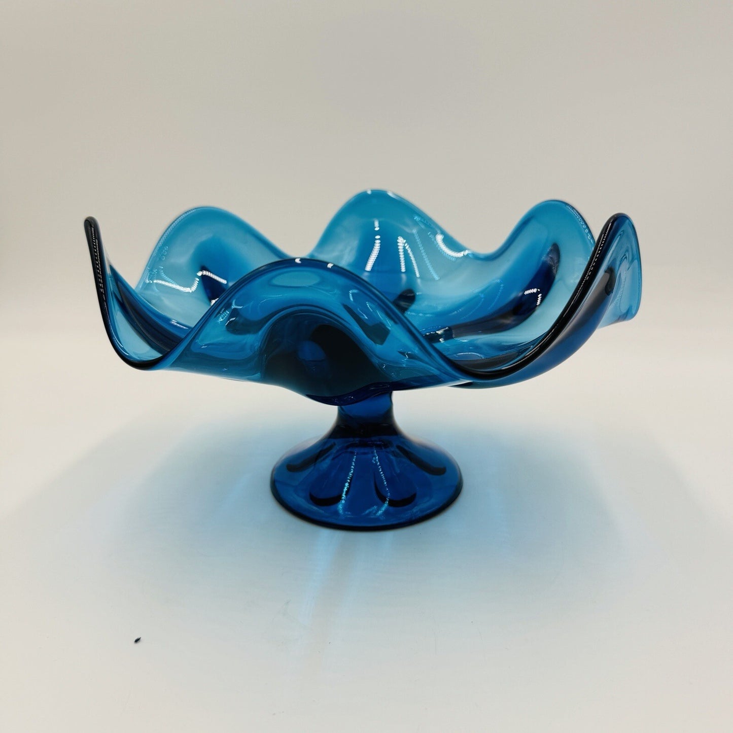 Viking Art Glass Teal Aqua Blue Pedestal Dish Compote Bowl Vintage Mid Century