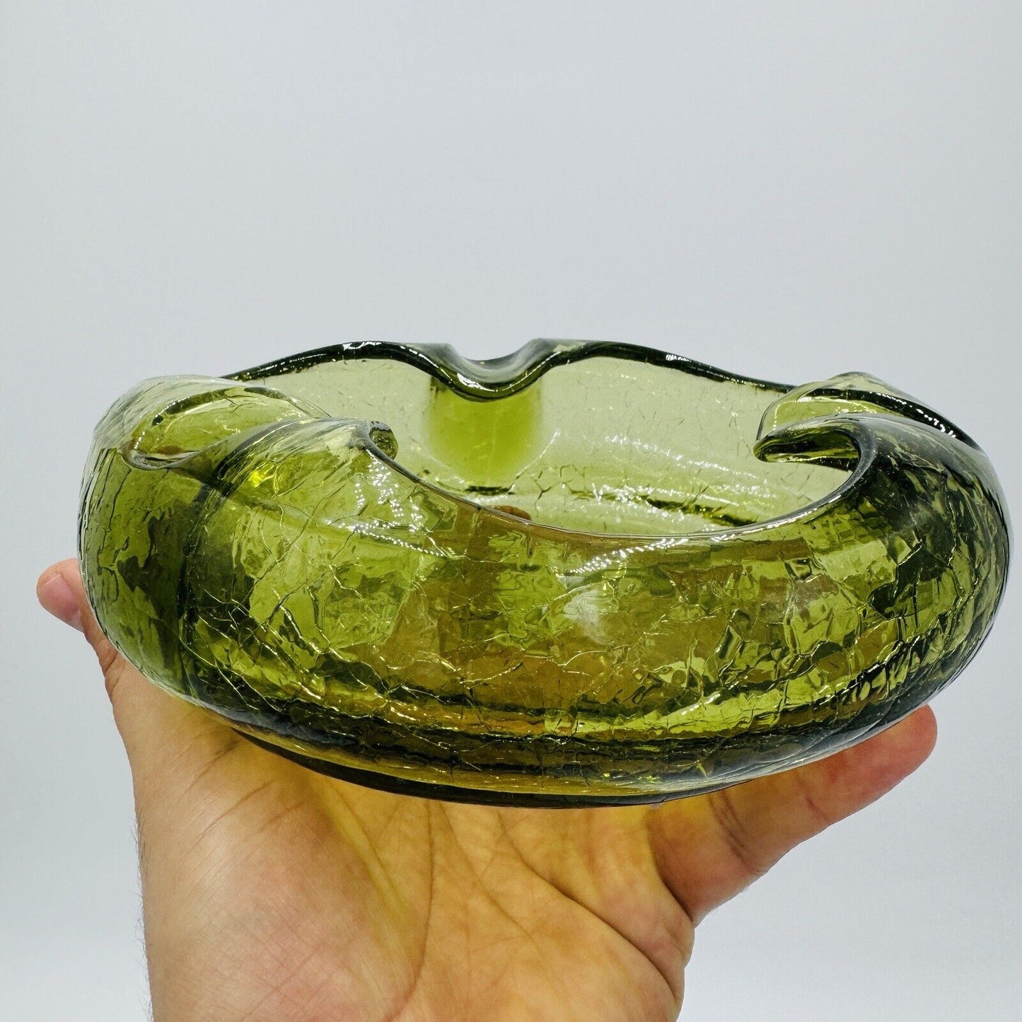 Viking Art Glass Cigar Ashtray Green Crackle MCM Vintage 7”