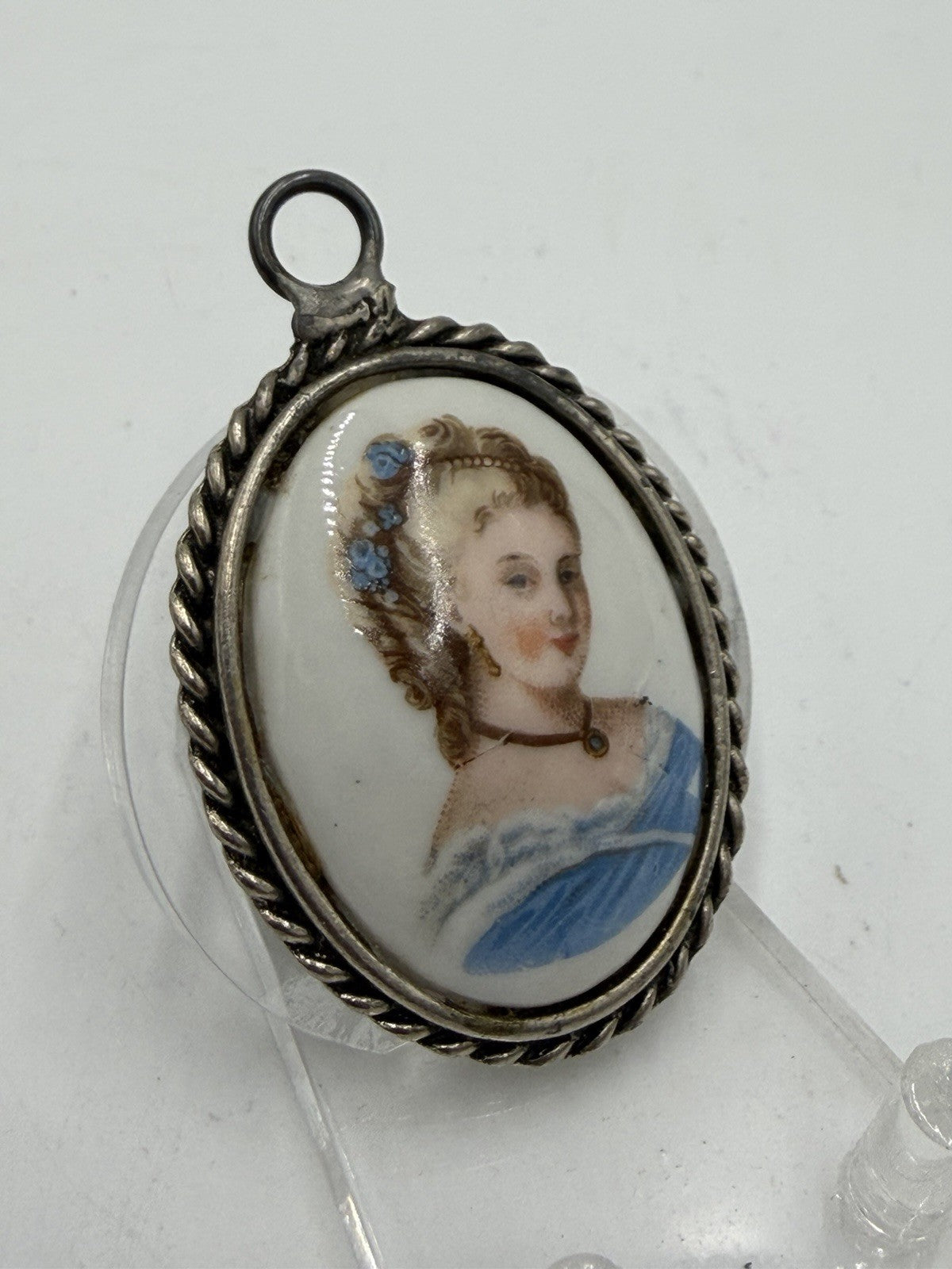 Limoges France Porcelain Portrait Oval Victorian Woman Pendant 2” Cameo