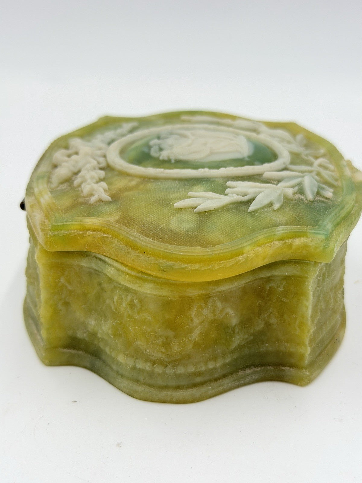 Vintage Incolay Stone Green Victorian Dancers Jewelry Trinket Box 5 x 4 x 2" USA