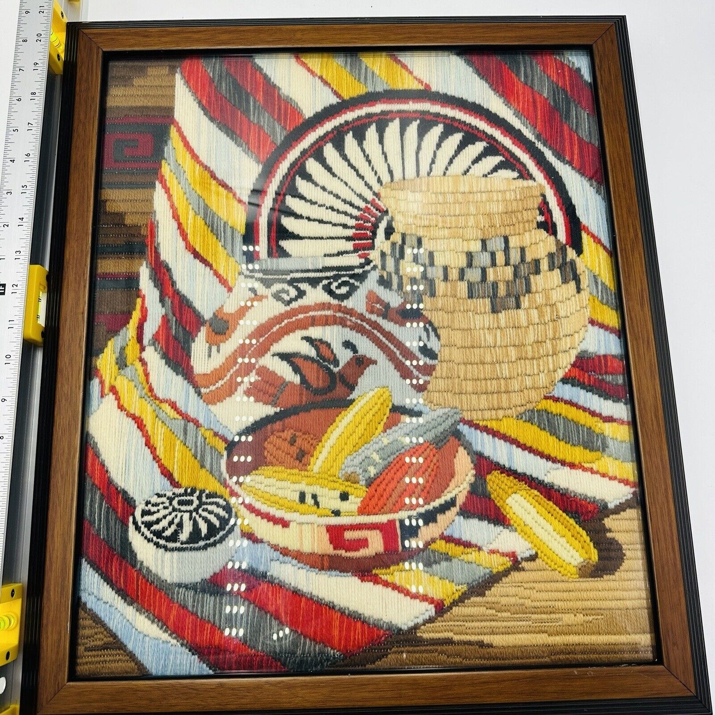 Rare Reinardy Native American Long-Stitch Needlepoint Basket Wall Art Framed