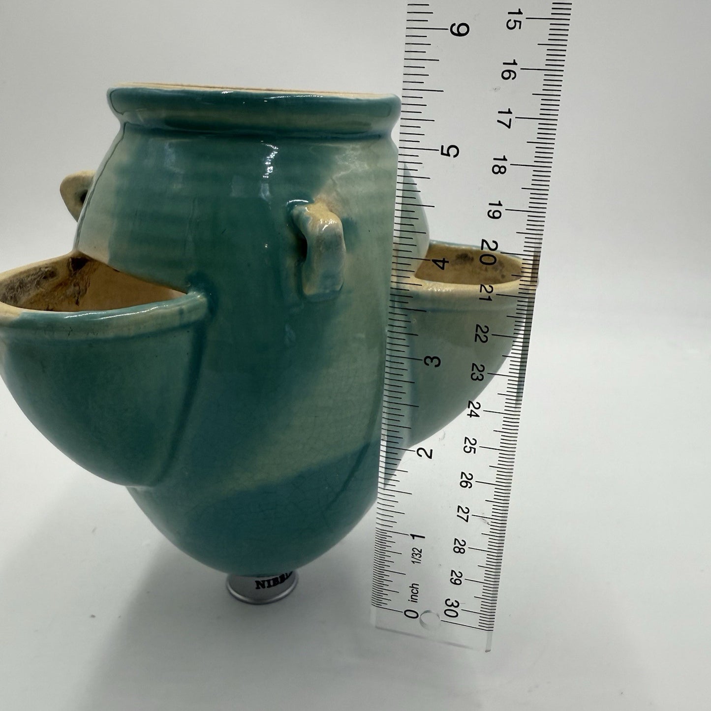 Roseville Art Pottery Ixia Art Deco 1937 hanging pocket planter turquoise 6”rare