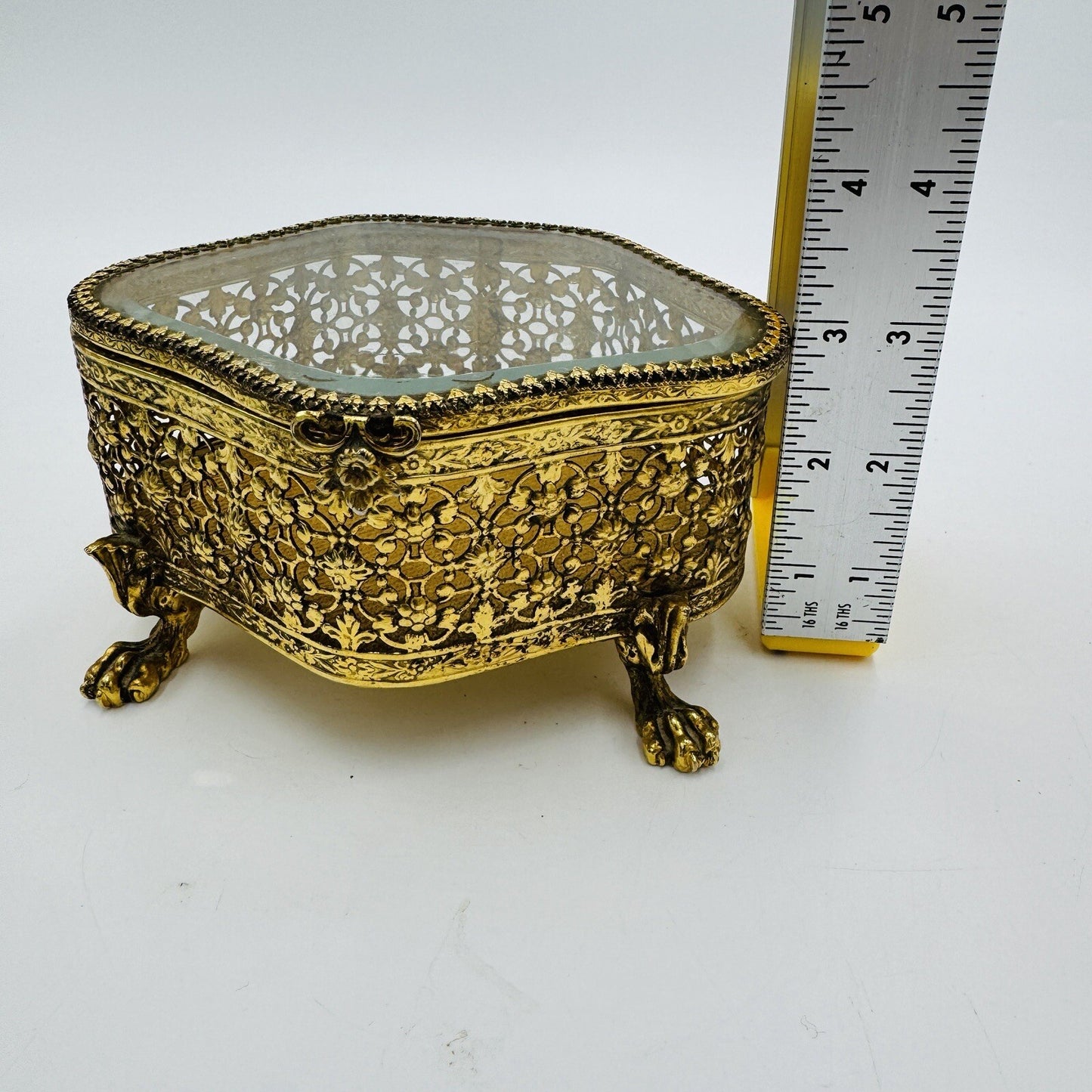 French Beveled Glass Gold Filigree Ormolu Jewelry Casket Box Claw Foot Vintage
