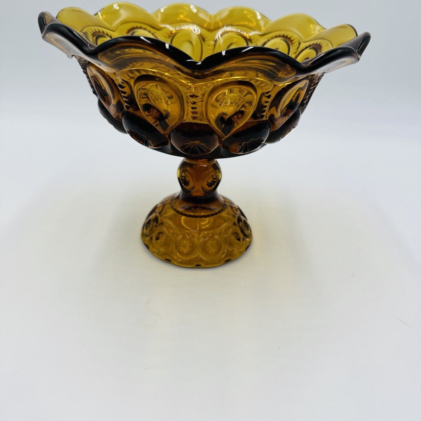 L.E. Smith Moon & Stars Amber Art Glass Pedestal Candy Bowl Dish 7in x 8in