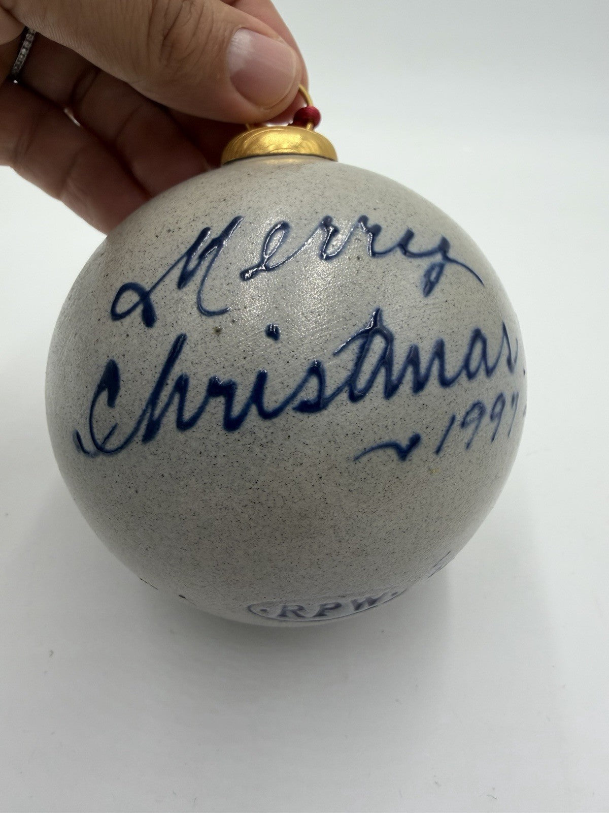 Rowe Pottery Works Ornament 1997 Salt Glaze Father Christmas Santa Ball Blue Vtg