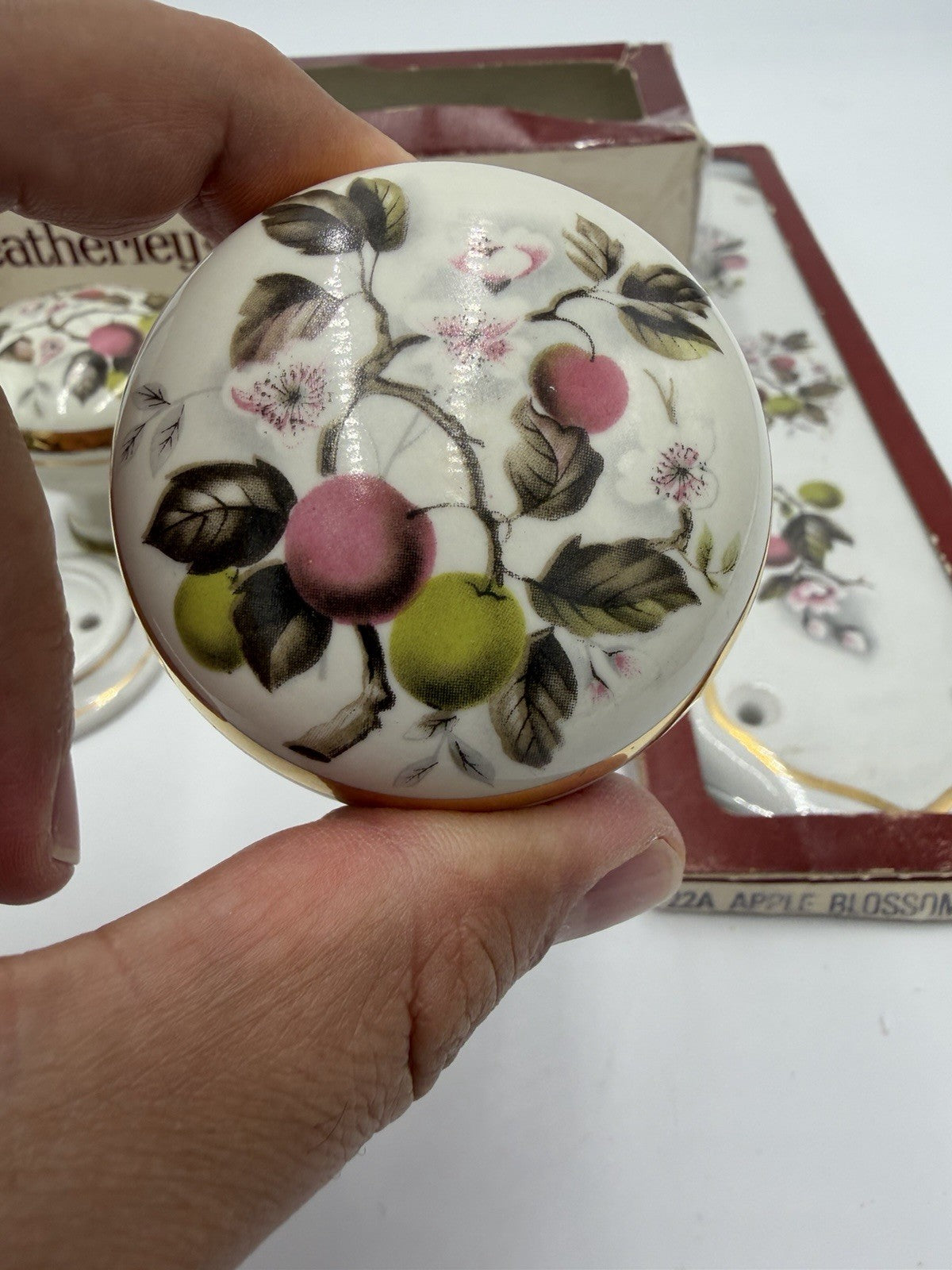 Heatherley victorian porcelain 22A Apple blossom door knob mortice set UK