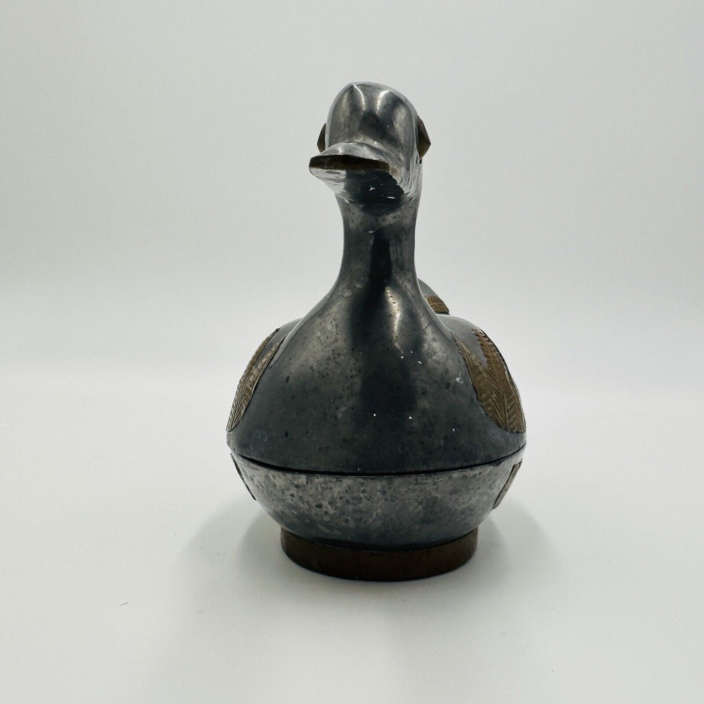 Duck Trinket Jewelry Box Pewter Brass Metal Hand Crafted Vintage 1960s MCM