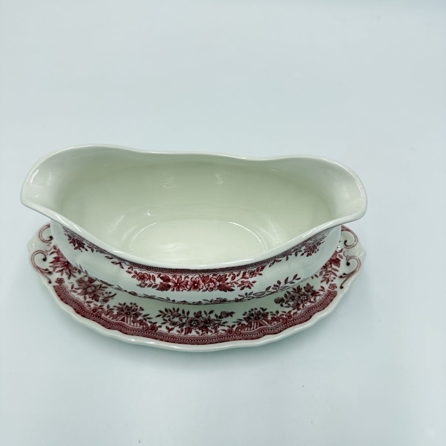 Vintage Villeroy & Boch Gravy Boat Porcelain Fasan Germany Red Floral Mettlach