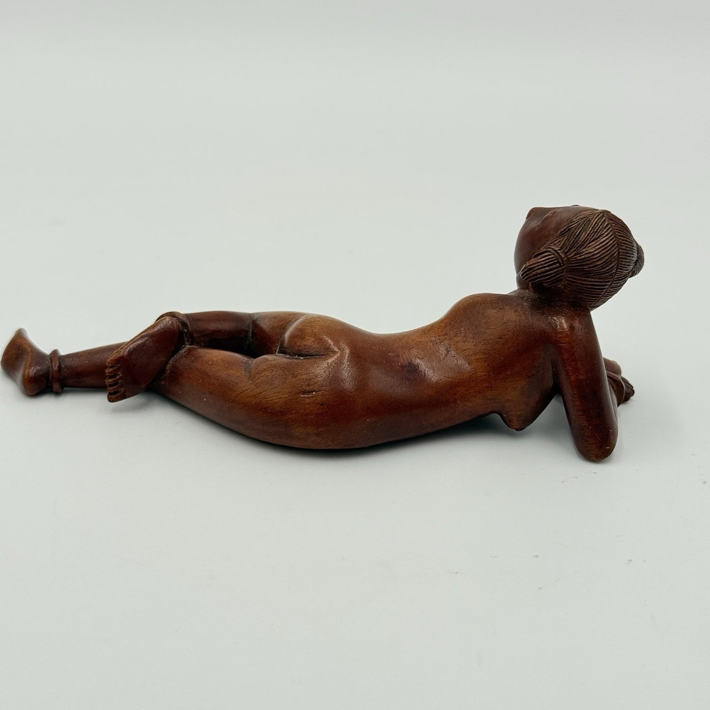 Antique Chinese Netsuke Wood Carved Women Posing Figurine Folk Art Hand Carved
